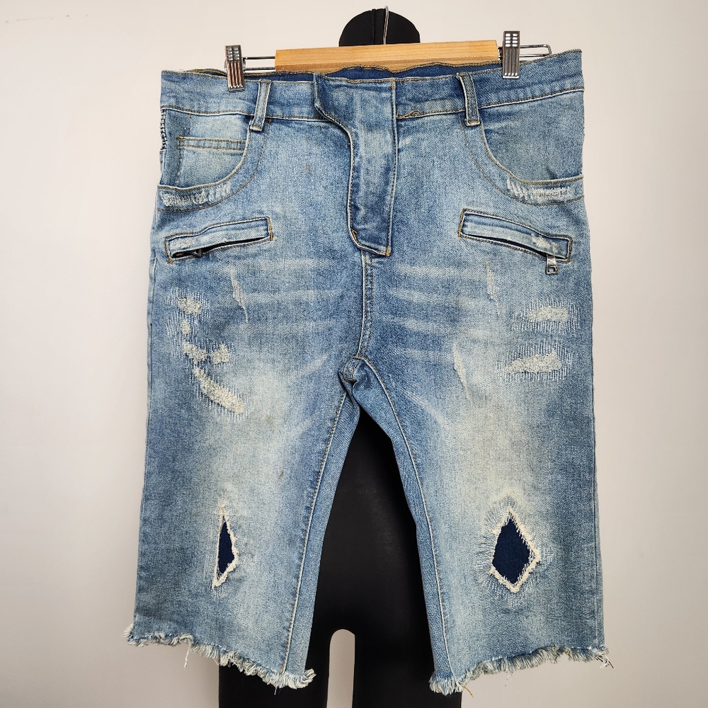 BALMAIN Men's Distressed Denim Biker Shorts